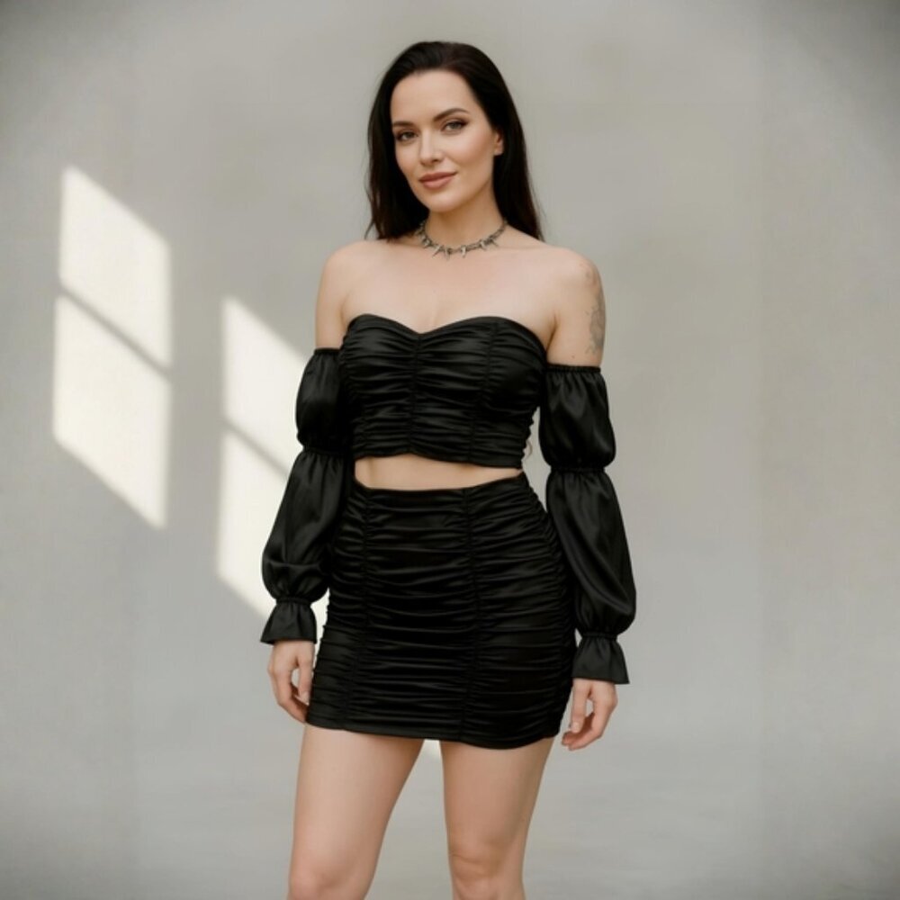 Hot & Delicious ✦ Black Ruched Satin Off‑Shoulder Crop Top & Mini Skirt Set S